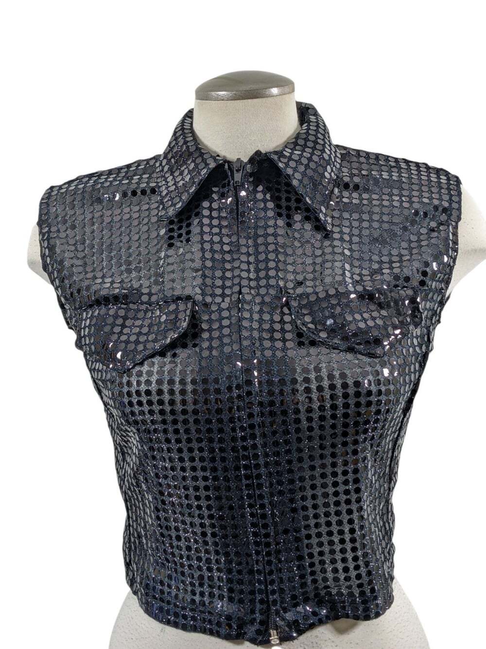 Womens Disco Party Tops Sheer Sequin Vest Black Sparkle Collar Zip Front Indie